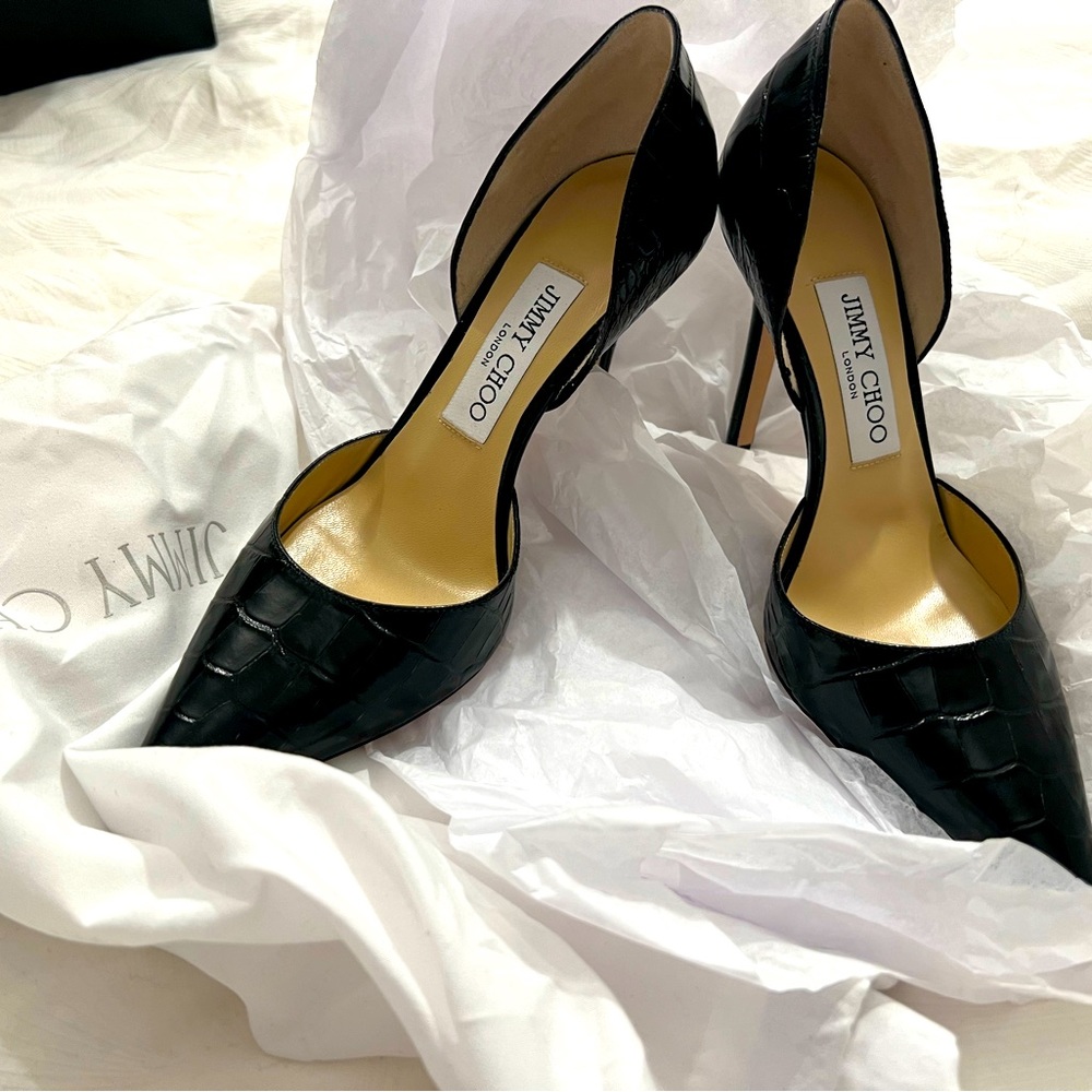 Jimmy Choo Addison Crocodile Embossed D’orsay Black Heels